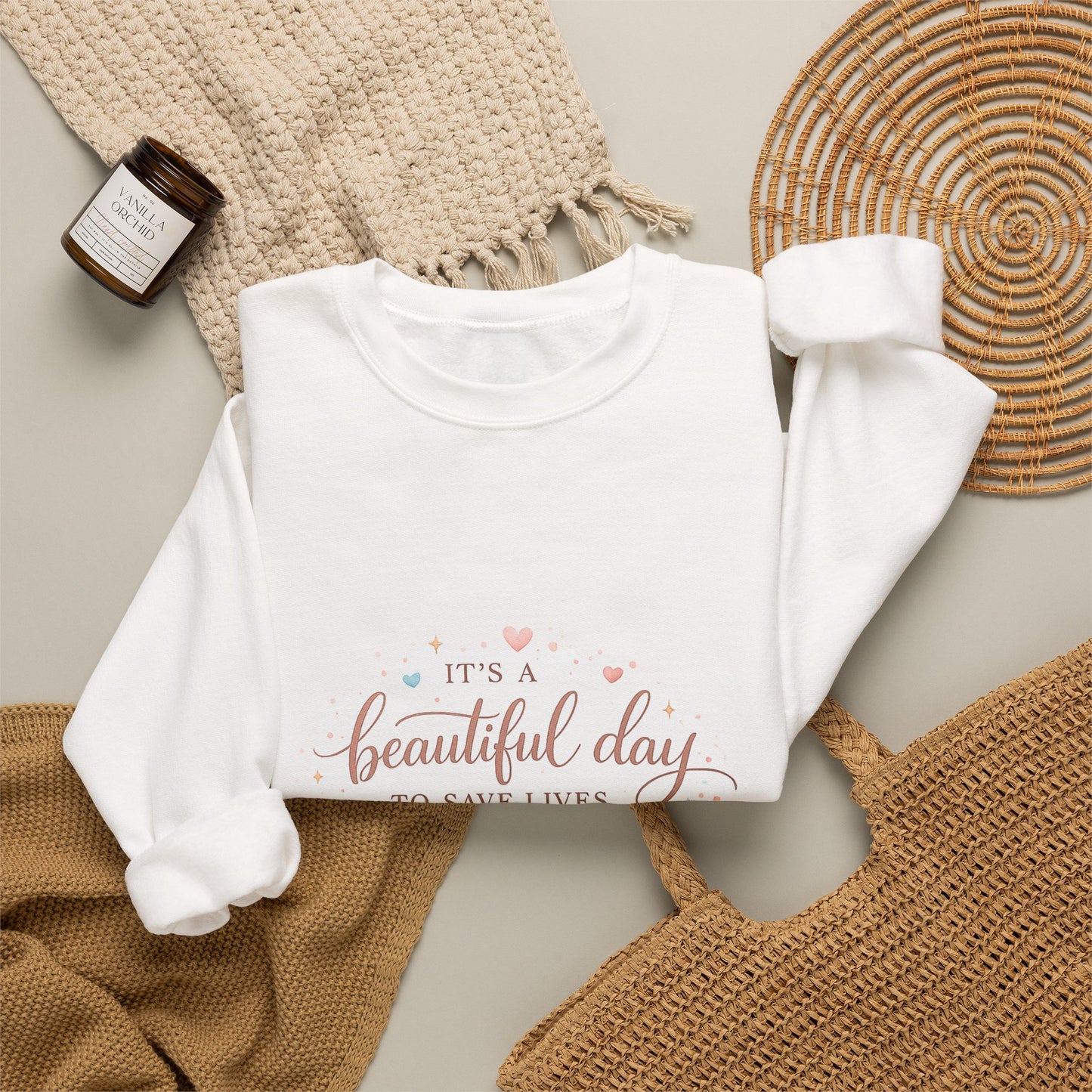 It's a Beautiful Day to Save Lives Crewneck Sweatshirt | Nurse Stethoscope Heart Design